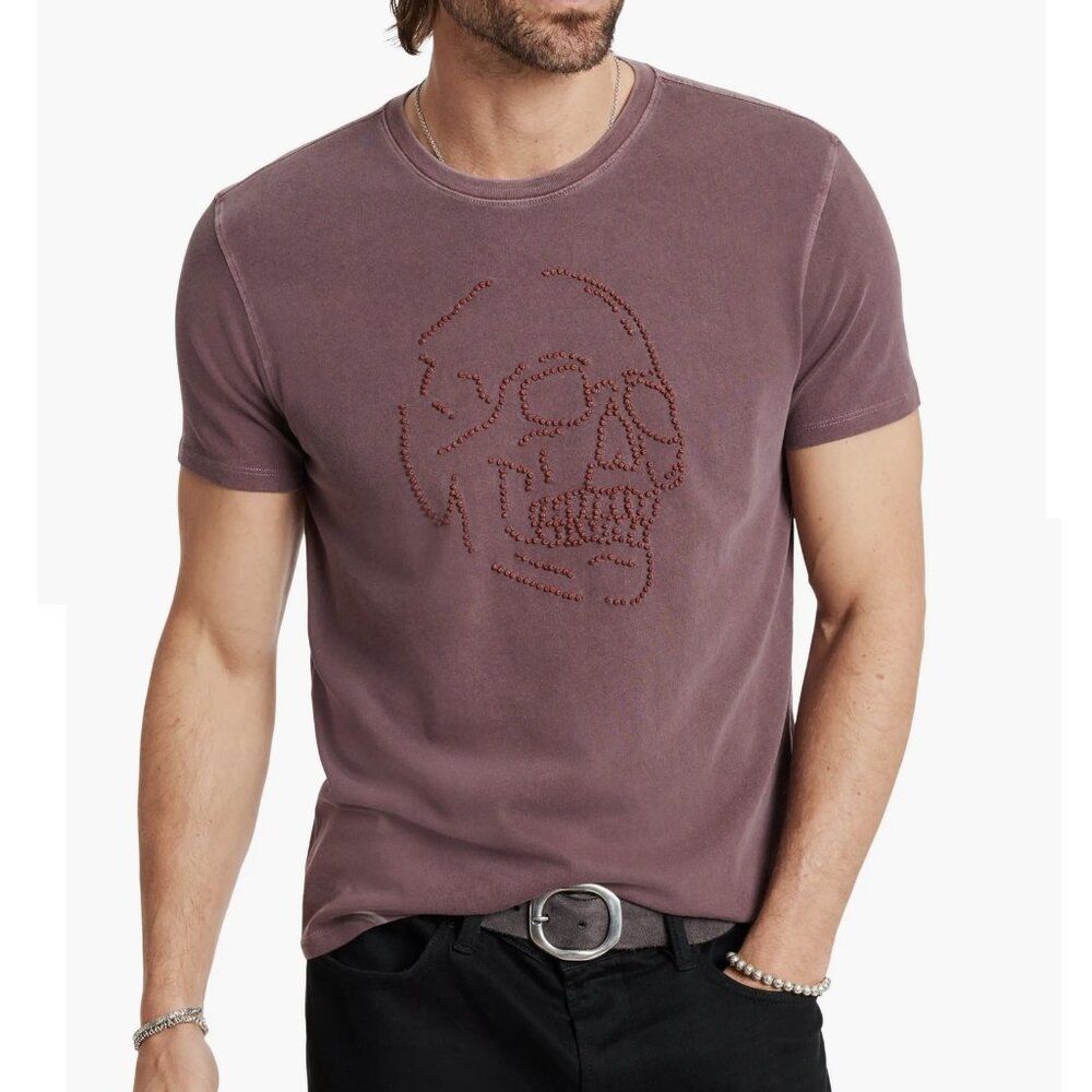 John Varvatos Skull Beaded Knots Embroidered Crew Tee Mens Mauvewood NWT 148
